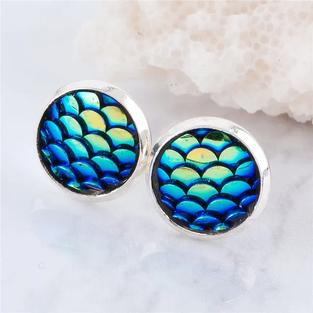 DoreenBeads Handmade Druzy /Drusy Resin Beads Round Earrings Mermaid Fish Scale Pattern Fashion Trendy Woman 15x12mm 1Pair